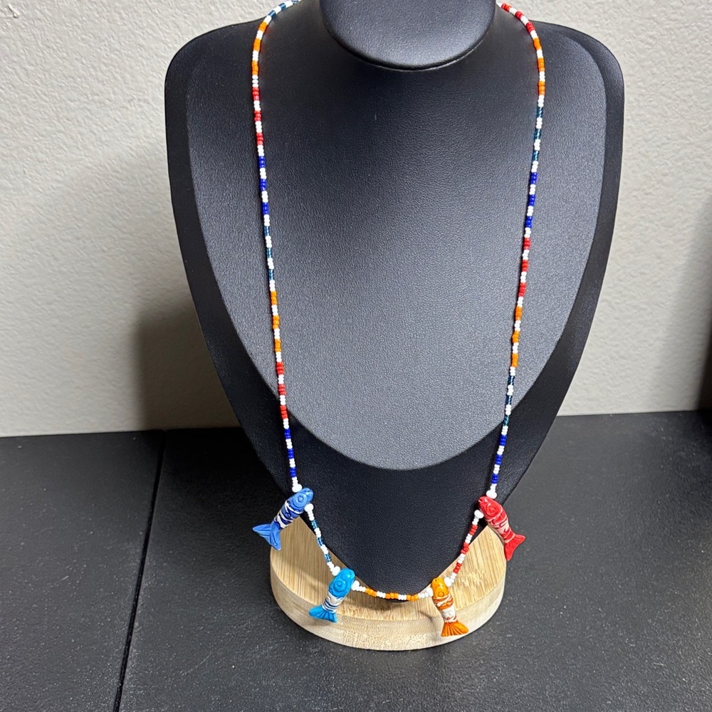 Vintage Beaded Multi Color Fish Charm Necklace